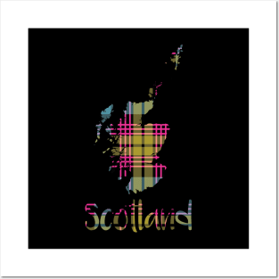 Scotland Pink, Blue and Yellow Tartan Map Typography Design Posters and Art